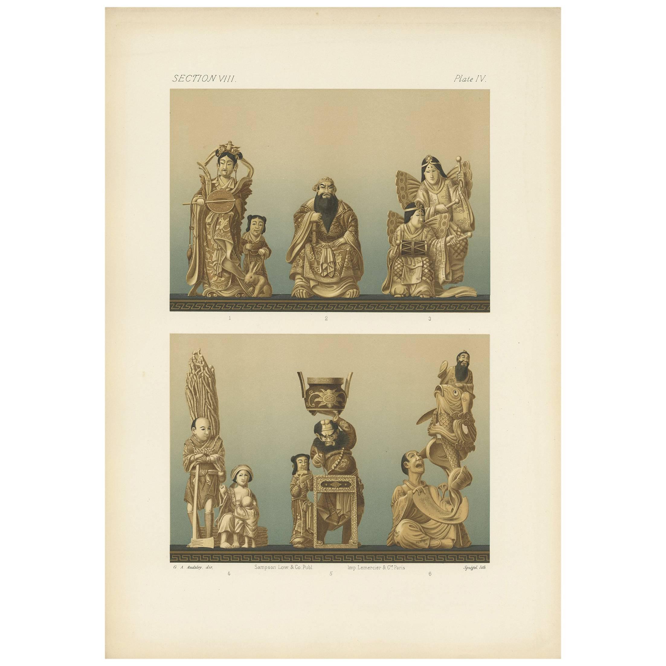 Antique Print of Ivory Carvings 'Japan' by G. Audsley, 1884 For Sale