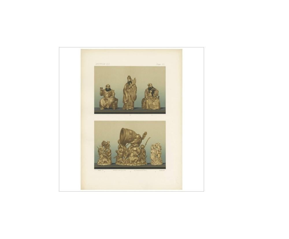 Untitled print, Section VIII, plate III. This chromolithograph depicts a series of six ivory carvings. 1. Chohi, 2. Gentoku, 3. Kuanwa, 4. two warriors fighting 5. Ben-Kei with the great bell of Mi-i-dera, 6. warrior Tawara Toda Hidesato. Detailed
