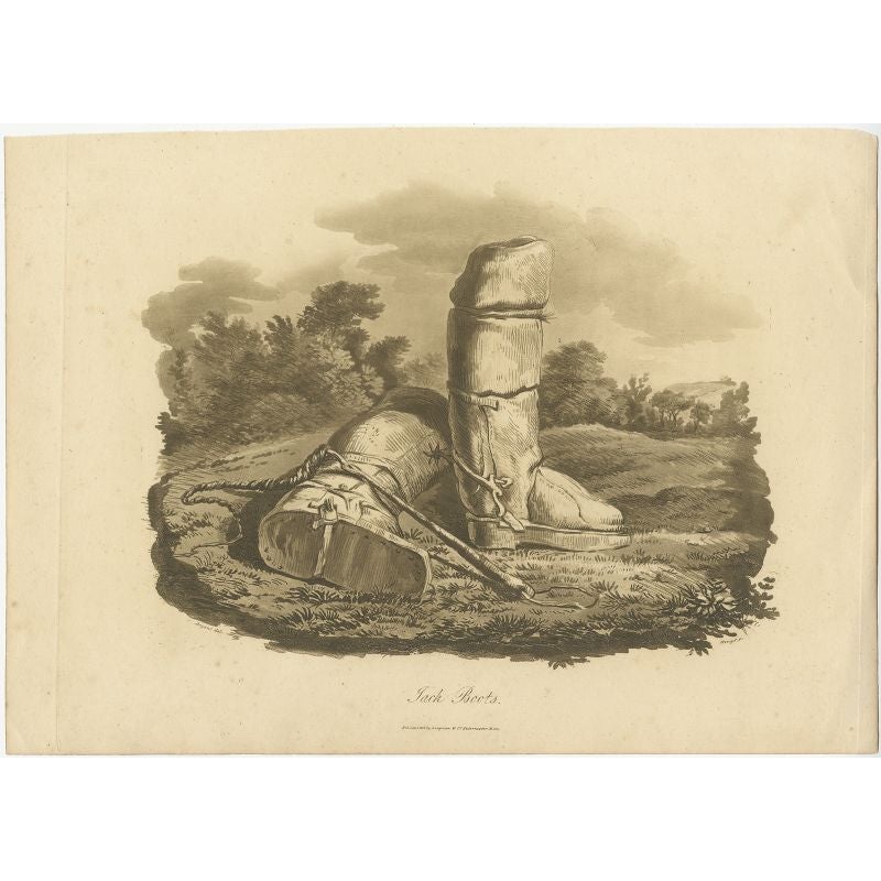 Grabado antiguo titulado 'Jack Boots'. Grabado antiguo que muestra botas de goma en un paisaje. Una bota es una bota militar, como la bota de caballería o la bota con clavos. Fuente desconocida, por determinar.

Artistas y Grabadores: Publicado por