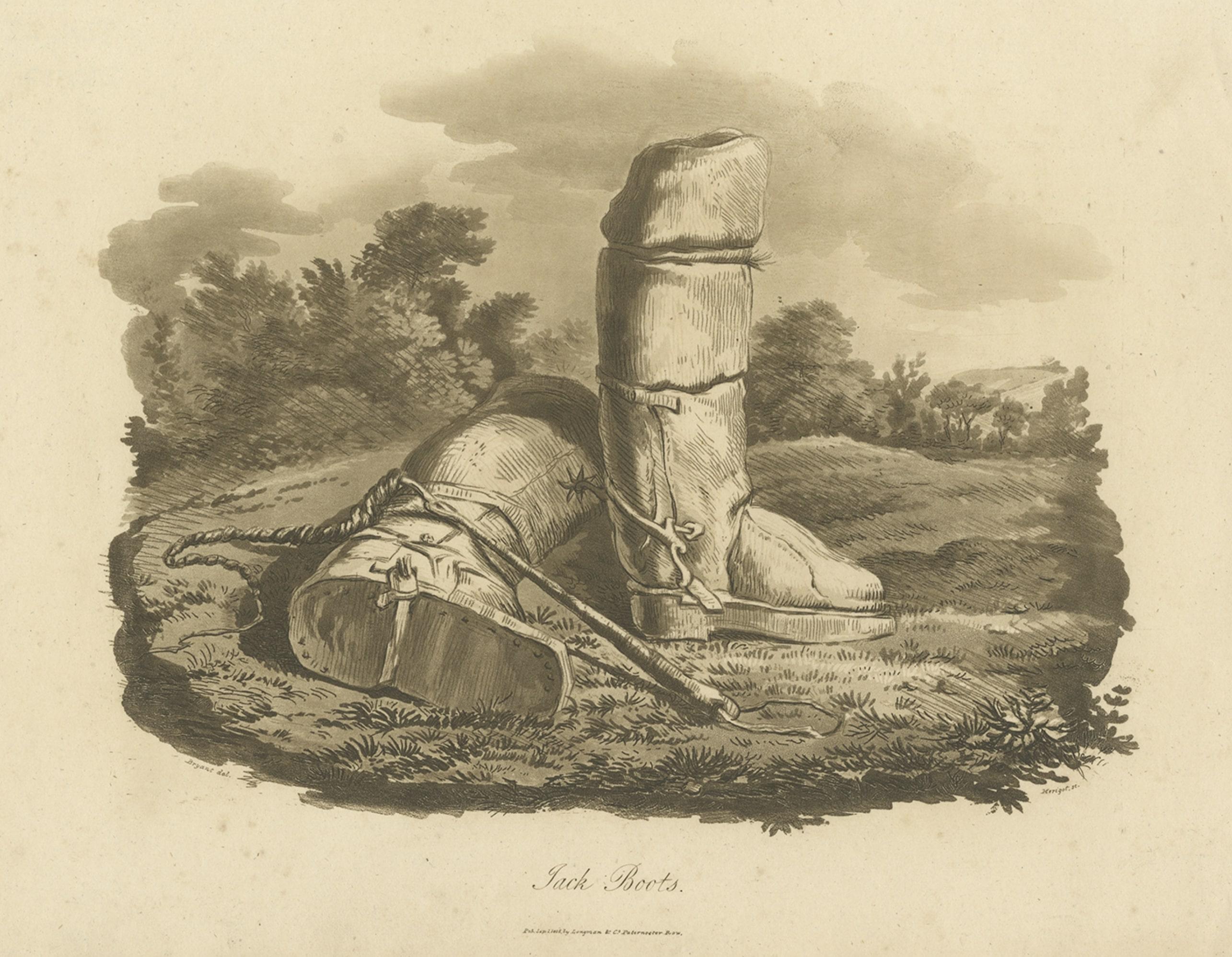 Grabado antiguo de botas de montar de Longman, 1805 Papel en venta