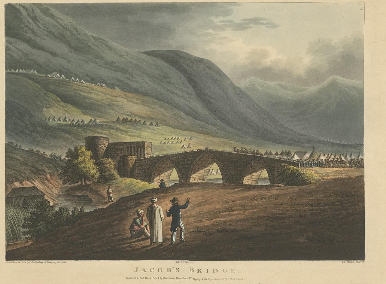 Antique aquatint titled 'Jacob's Bridge'. Beautiful view of the Holy Land and Syria. Sketched on the spot by F.B. Spilsbury. Published in 1803, London.