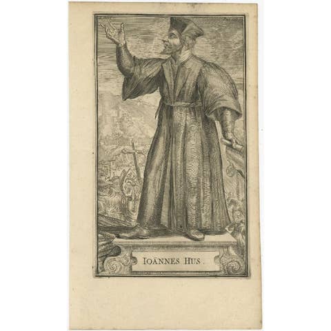 Antique Print of Jan Hus, Czech Priest, Philosopher, Reformer in Prague, 1701