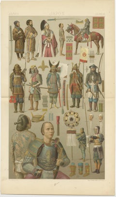 Antique Print of Japanese Battle Outfits by Racinet, 'circa 1888'