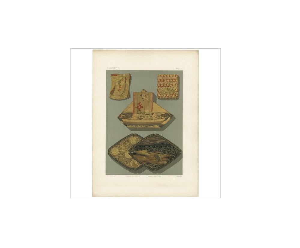 18th Century Antique Print of Japanese Box Elements, Lacquer by G. Audsley, 1882 For Sale