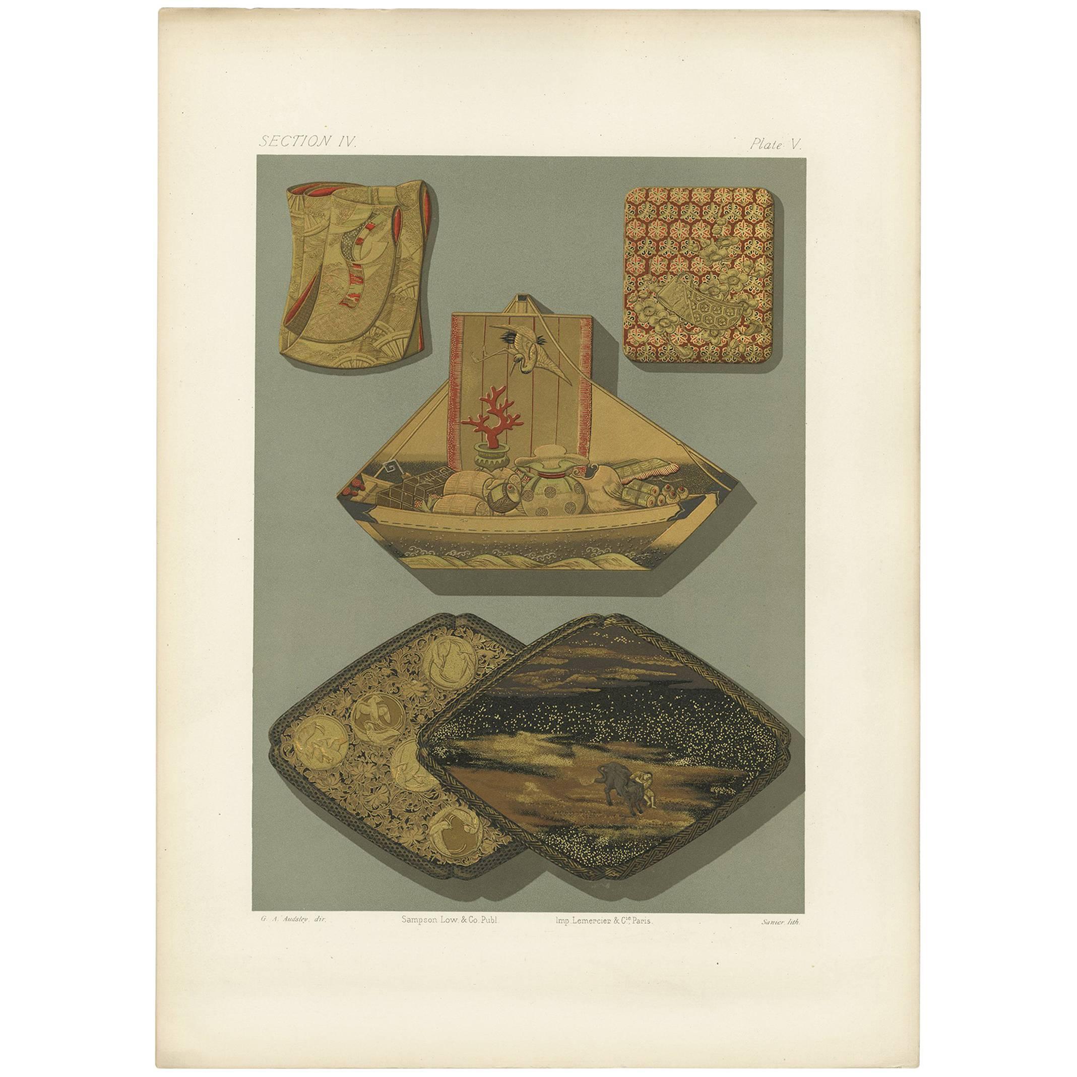 Antique Print of Japanese Box Elements, Lacquer by G. Audsley, 1882 For Sale