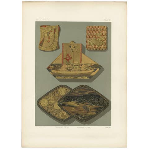 Antique Print of Japanese Box Elements, Lacquer by G. Audsley, 1882