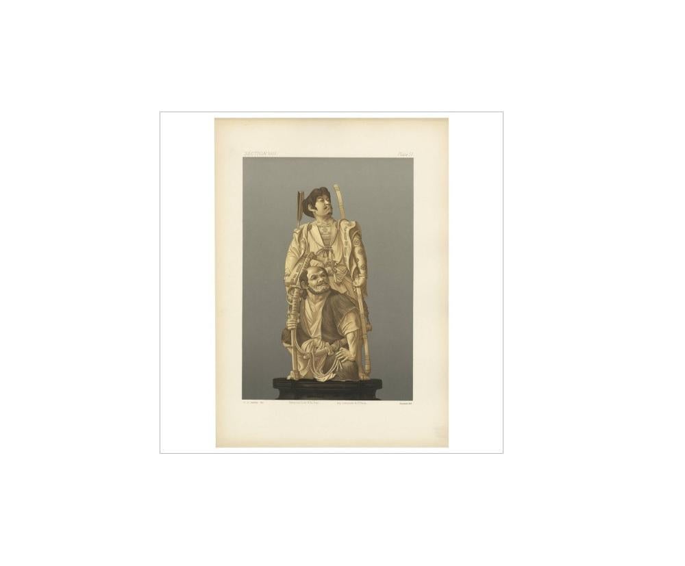 Antiker Druck einer japanischen Schnitzerei in Elfenbein und Holz von G. Audsley, 1884 im Zustand „Gut“ im Angebot in Langweer, NL