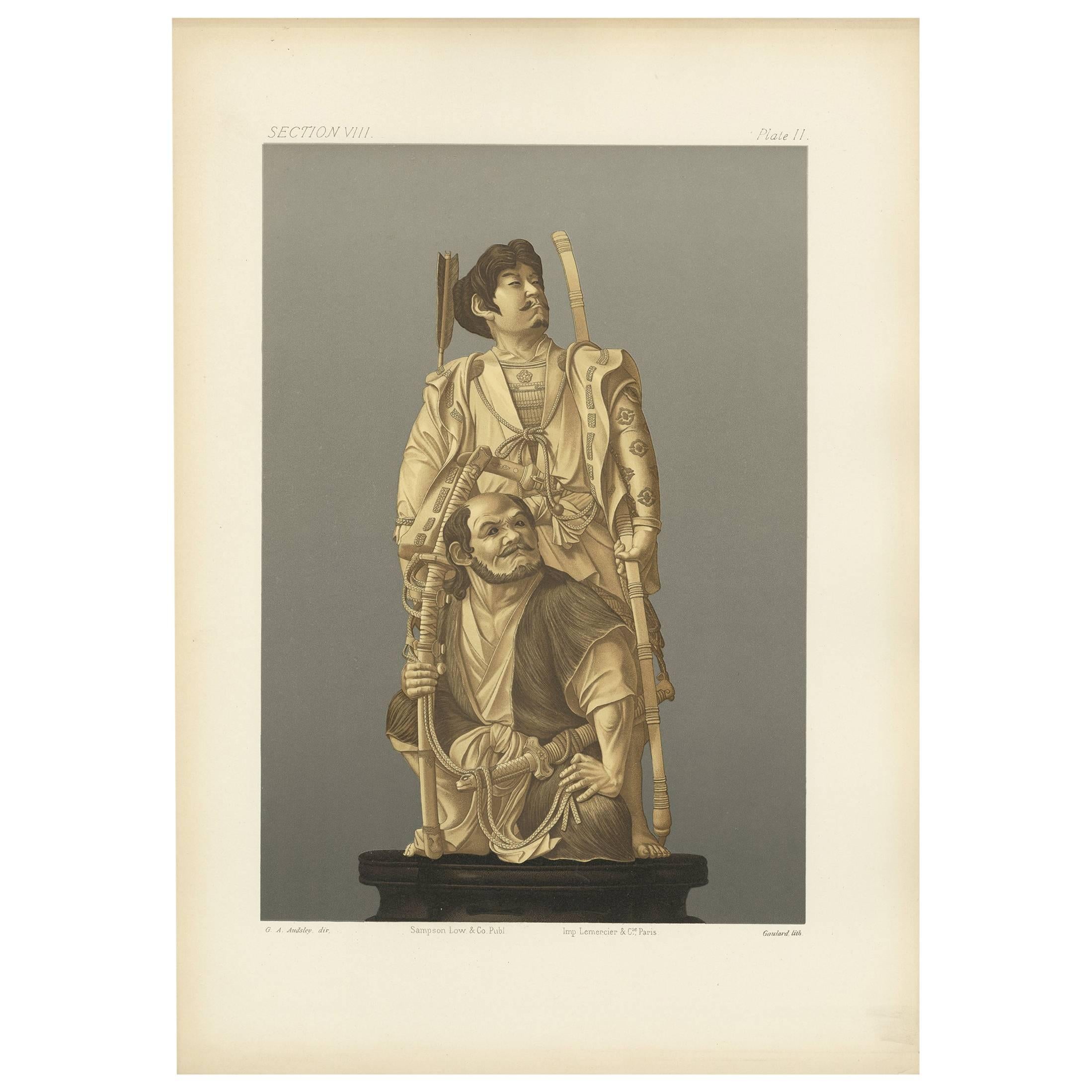 Antiker Druck einer japanischen Schnitzerei in Elfenbein und Holz von G. Audsley, 1884