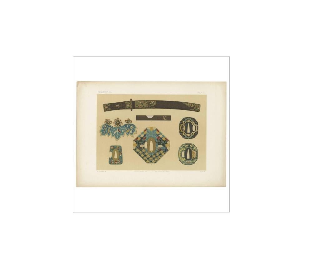 Untitled print, Section VII, plate VI. This chromolithograph depicts Japanese enamel. 1. a species of dagger, 2. a large tsuba (or sword guard), 3. handle of the kodzuka , 4. a kiri badge, 5. and 6. sword guards, 7. another small sword guard.