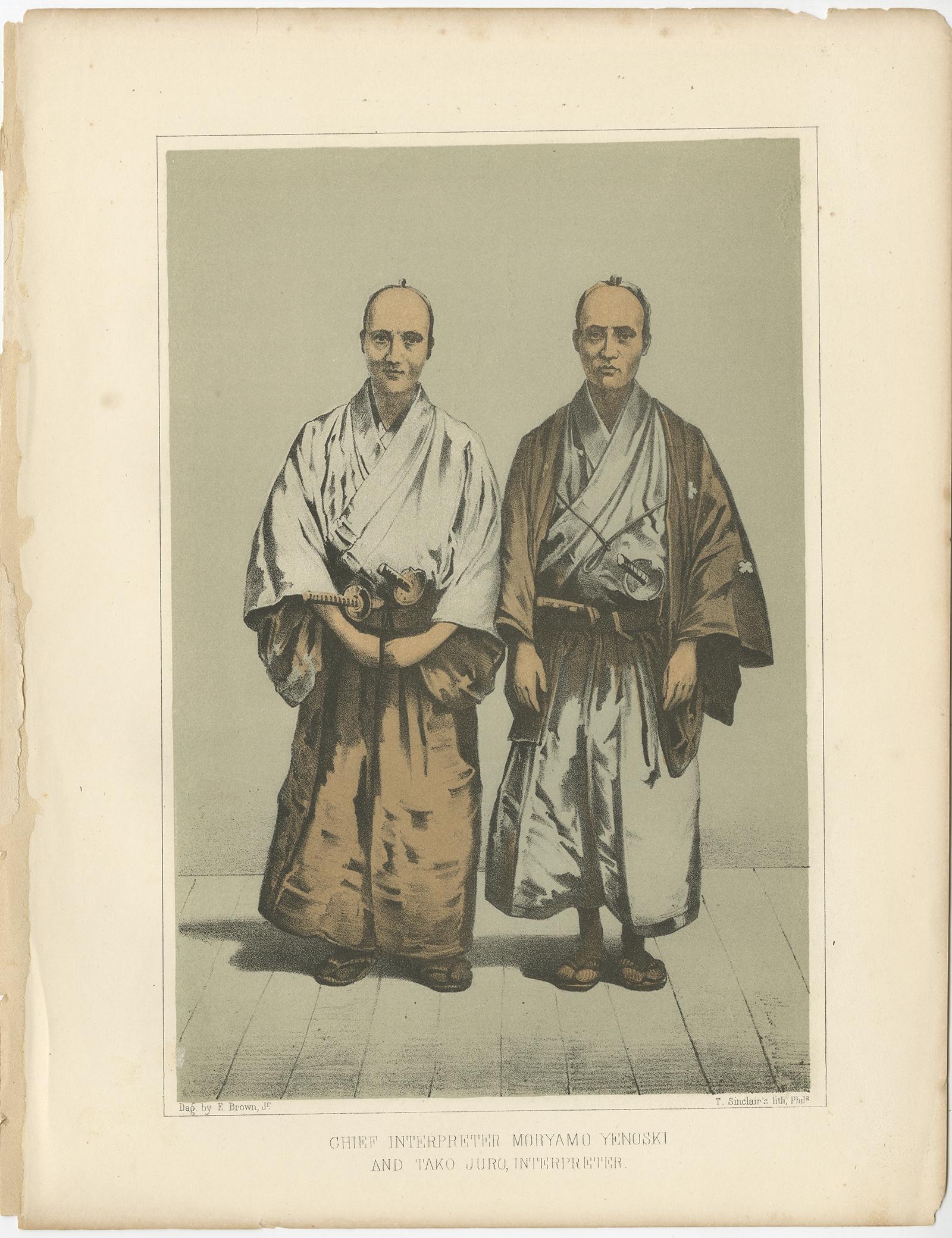 Description: Antique print titled 'Chief Interpreter Moryamo Yenoski and Tako Juro, Interpreter‘. 

Portrait of two Japanese men, Moryamo Yenoski and Tako Juro, full-length portrait, standing facing front, as interpreters for members of the Perry