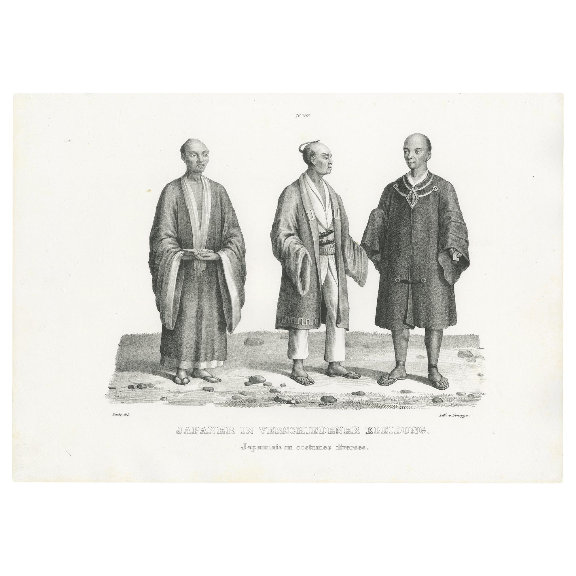 Antique Print of Japanese Men and their Costumes by Honegger (1845) For Sale