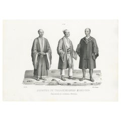Antique Print of Japanese Men and their Costumes by Honegger (1845)