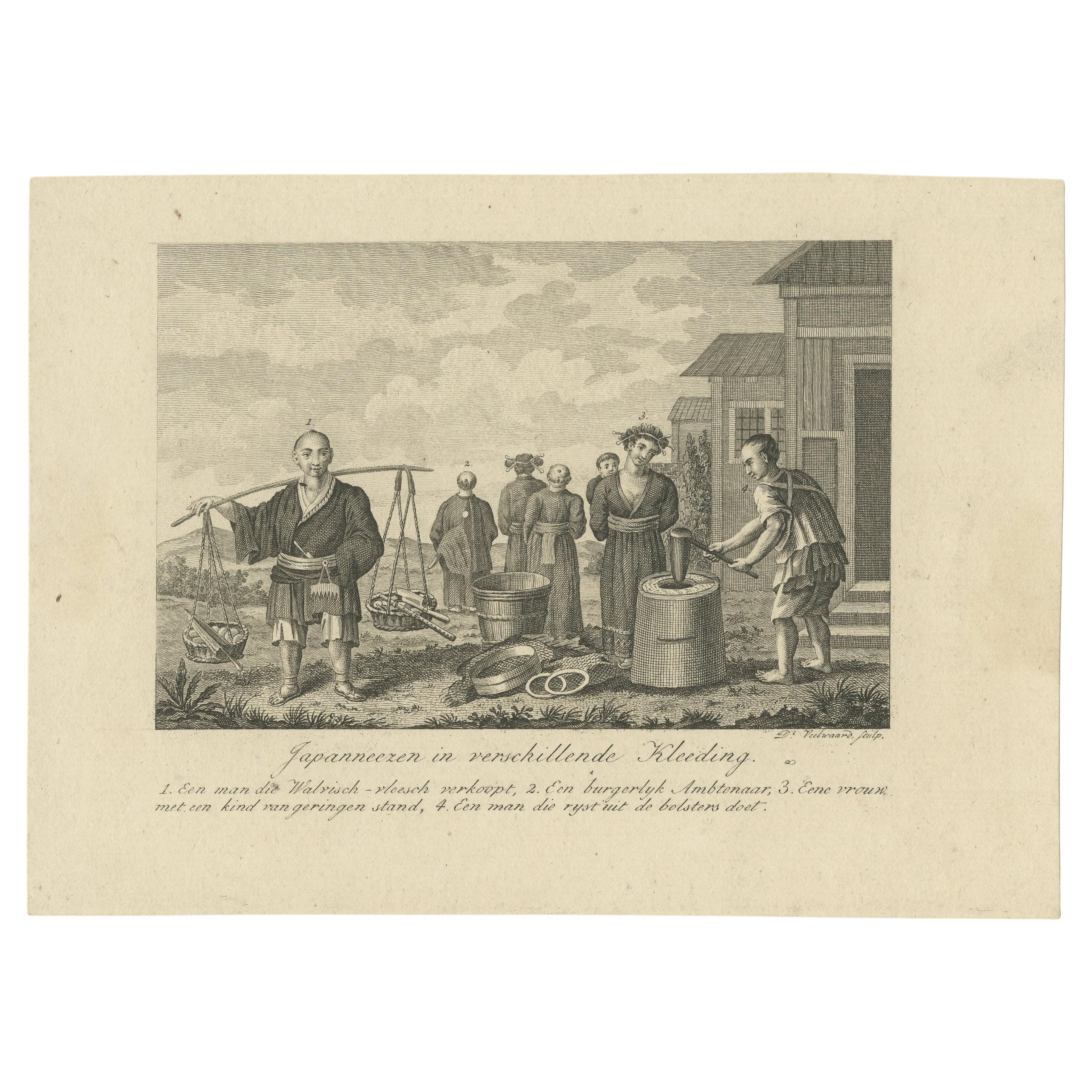 Antique print titled 'Japanneezen in verschillende Kleeding'. This prints shows Japanese people and their costumes. Engraved by D. Veelwaard, circa 1820.