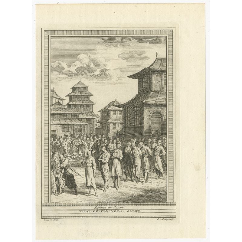 Antique print titled ‘Suplices du Japon - Straf-Oefeninge in Japon‘. This print depicts Japanese punishments. Originates from a Dutch edition of 'Histoire générale des voyages' by Antoine-François Prévost.Artists and Engravers: Engraved by J. van