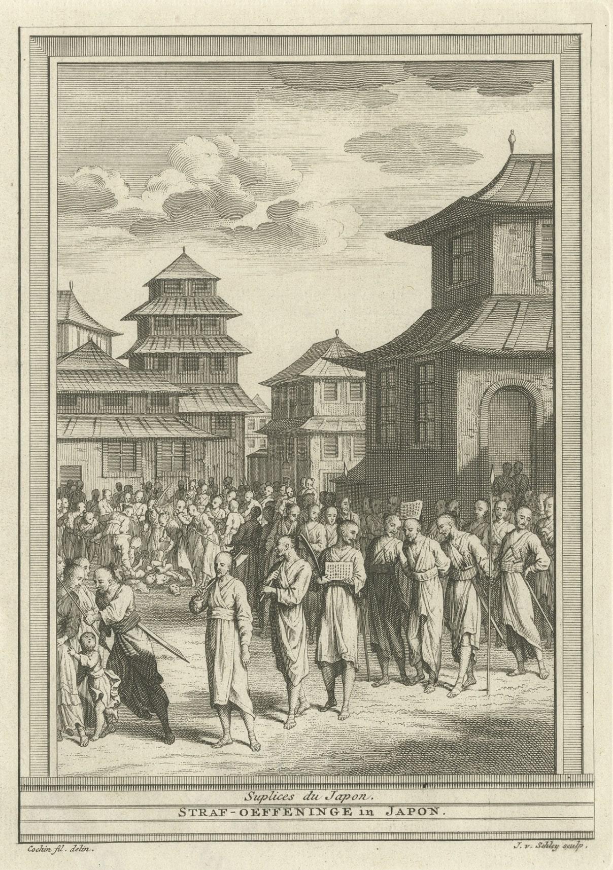 Paper Antique Print of Japanese Punishmentsm Including Decapitation, 1747 For Sale