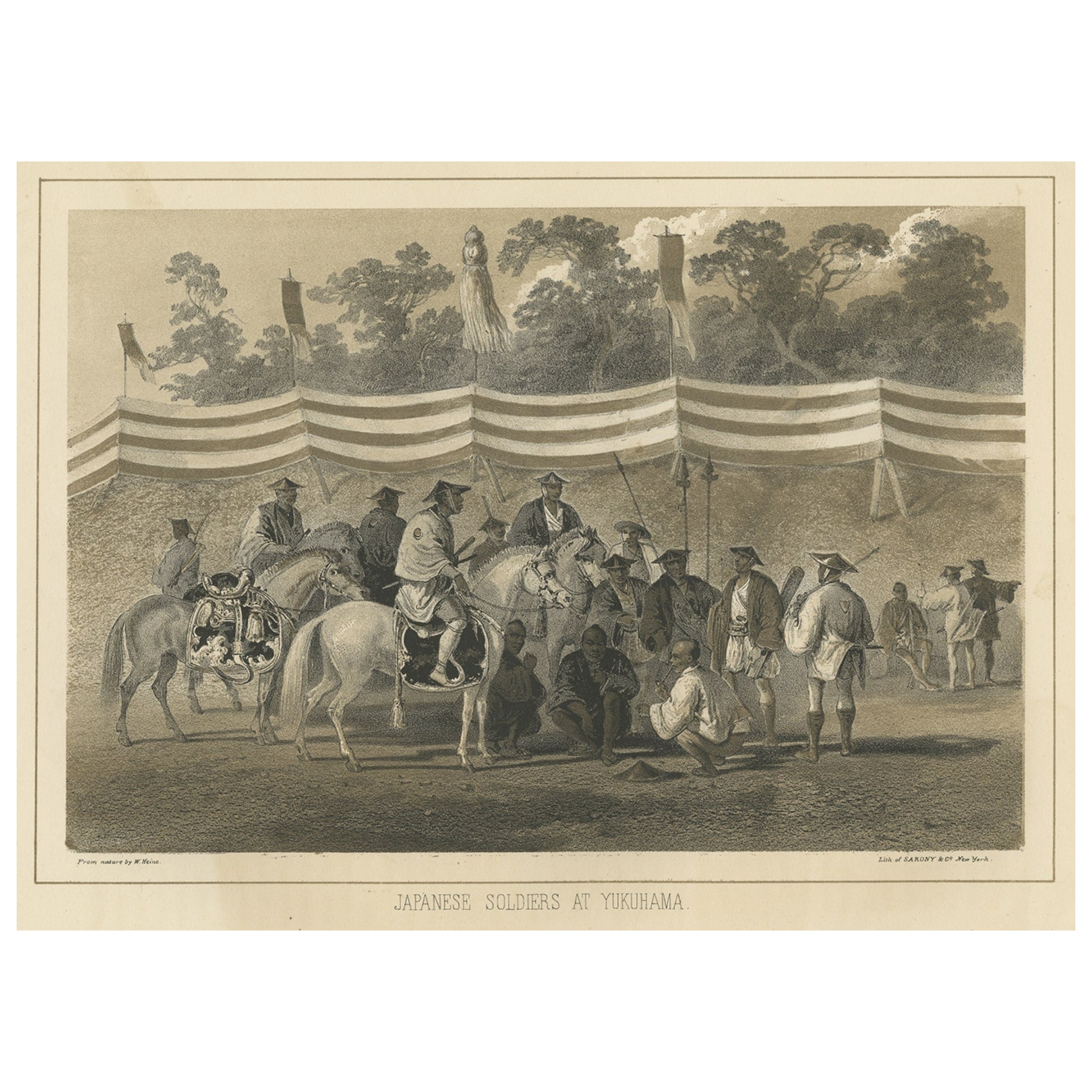 Impression ancienne de soldats japonais à Yokohama, Japon, 1856