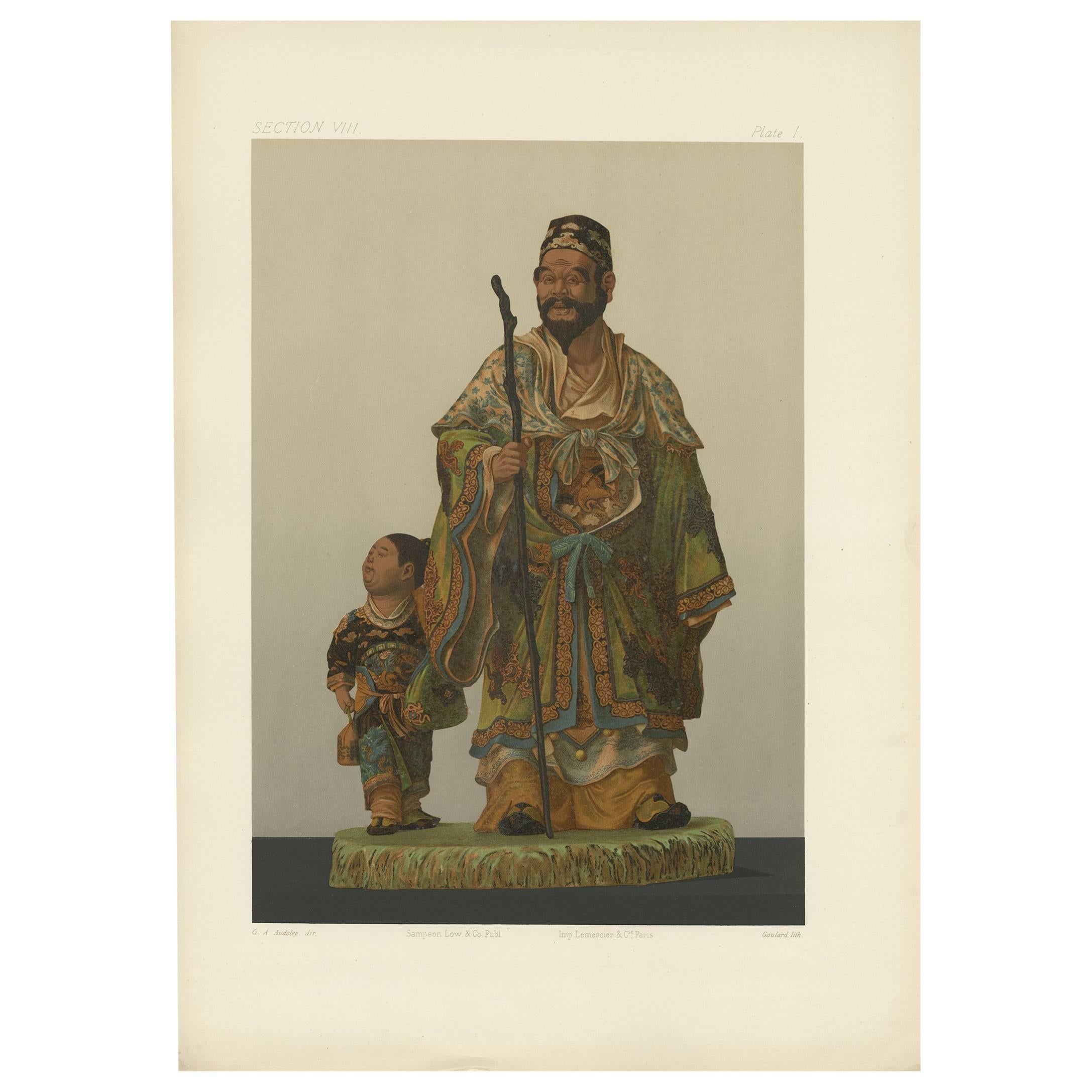 Antiker Druck japanischer Terrakotta-Druck von G. Audsley, 1884