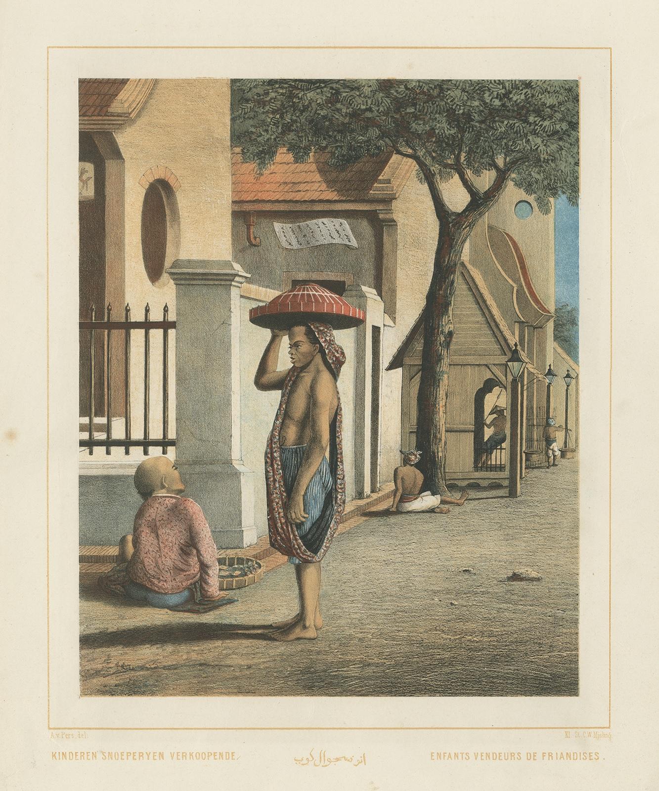 Antique print titled 'Kinderen snoeperyen verkoopende - Enfants venduers de Friandises'. Colored lithograph of Javanese children selling candy. This print originates from 'Nederlandsch Oost-Indische typen' after work by Auguste van Pers (1815-1871)