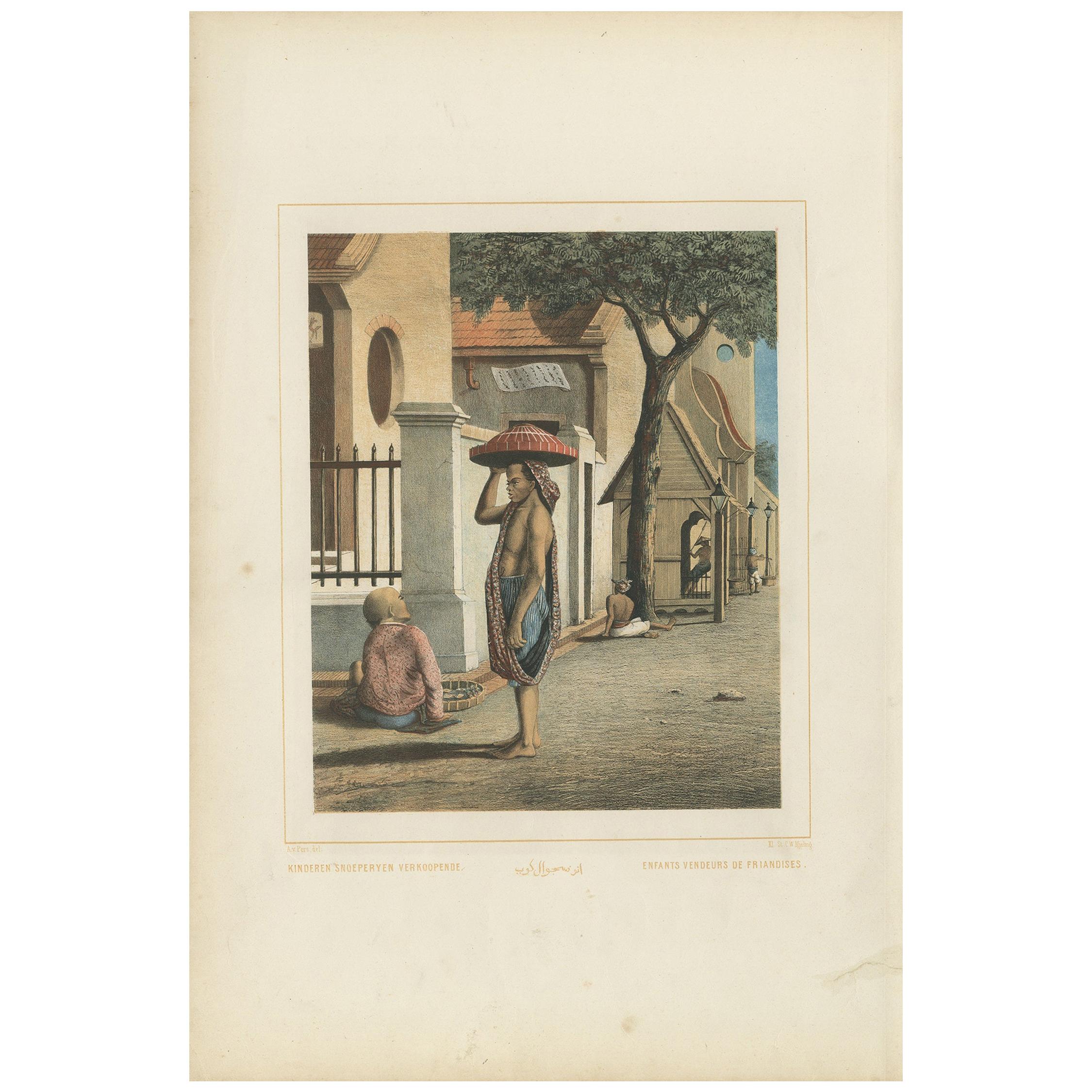 Impression ancienne d'enfants javanais vendant des bonbons par Van Pers 'circa 1850'