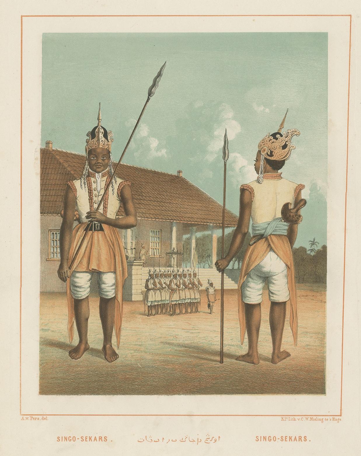 Antique print titled 'Singo-Sekars - Singo-Sekars'. Colored lithograph of Javanese guards dressed in ornamental costume. This print originates from 'Nederlandsch Oost-Indische typen' after work by Auguste van Pers (1815-1871) a Dutch artist who