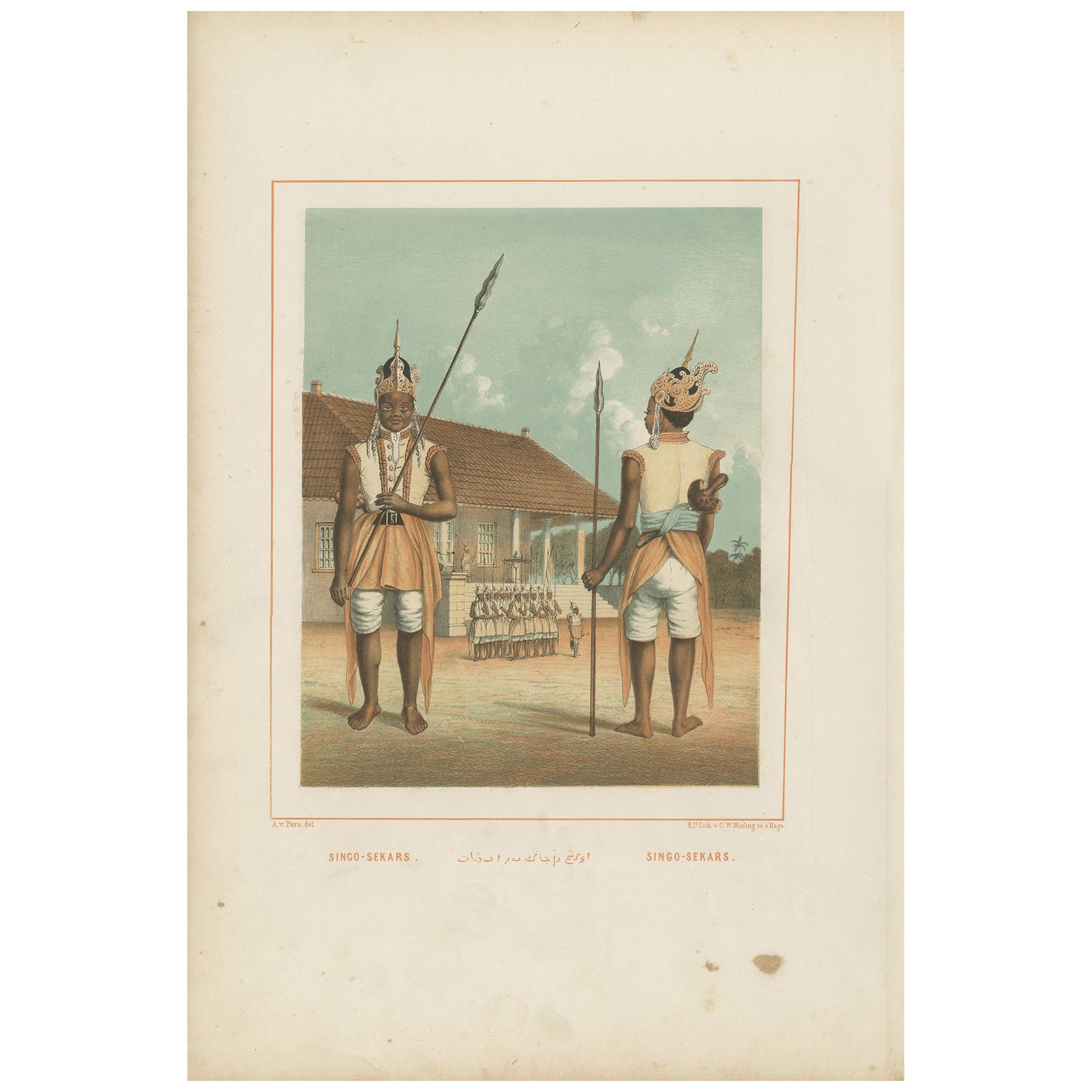 Antique Print of Javanese Guards Dressed in Ornamental Costume by Van Pers For Sale