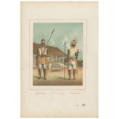 Stampa antica di guardie giavanesi in costume ornamentale di Van Pers