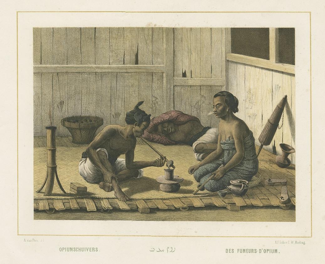 Antique print titled 'Opiumschuivers - Des Fumeurs d'Opium'. Colored lithograph of Javanese locals smoking opium. This print originates from 'Nederlandsch Oost-Indische typen' after work by Auguste van Pers (1815-1871) a Dutch artist who spent most