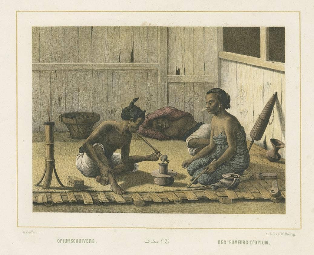 Antique Print of Javanese Locals Smoking Opium by Van Pers, circa 1850