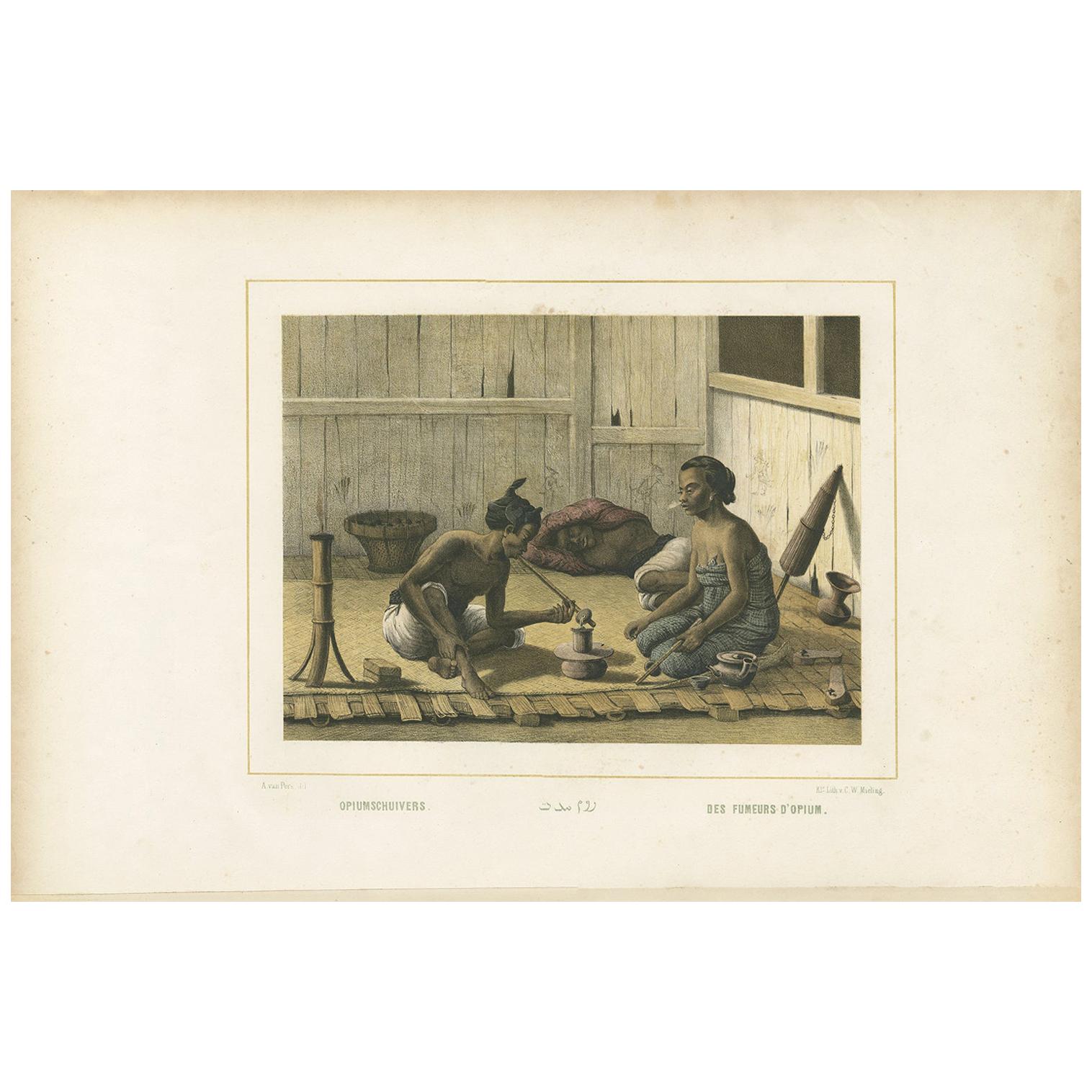 Antiquité - Gravure d'un village javanais fumant de l'opium par Van Pers, vers 1850
