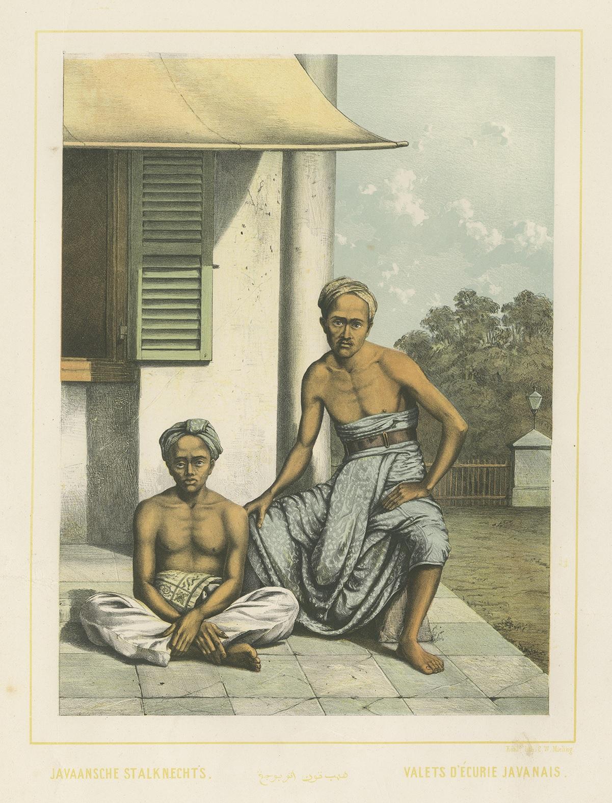 Antique print titled 'Javaansche Stalknechts - Valets d'Écurie Javanais'. Colored lithograph of Javanese stableboys. This print originates from 'Nederlandsch Oost-Indische typen' after work by Auguste van Pers (1815-1871) a Dutch artist who spent