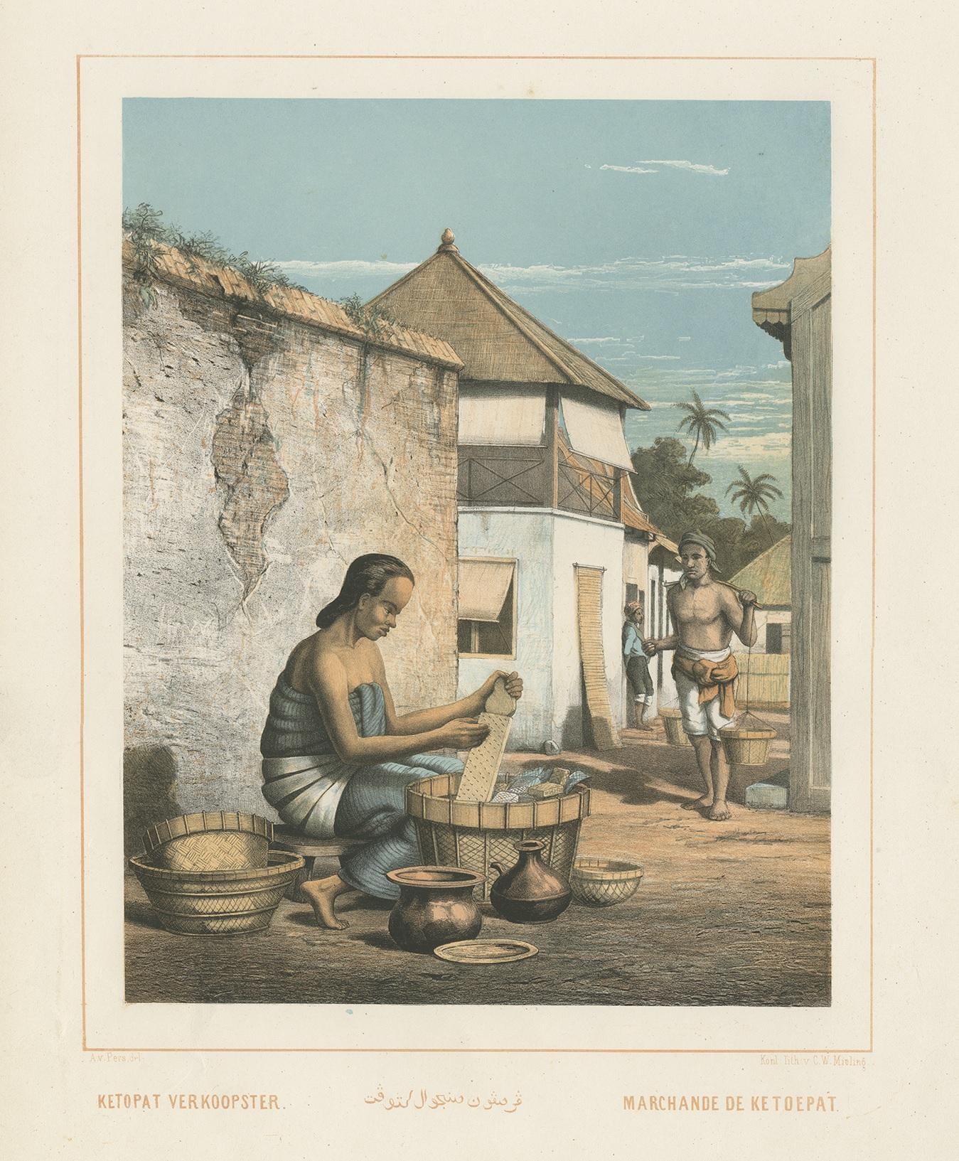 Antique print titled 'Ketopat Verkoopster - Marchande de Ketoepat'. Colored lithograph of a Javanese woman selling ketupat. Ketupat is a rice-based food that is wrapped in the webbing of young coconut leaves or “janur” in Javanese language. This