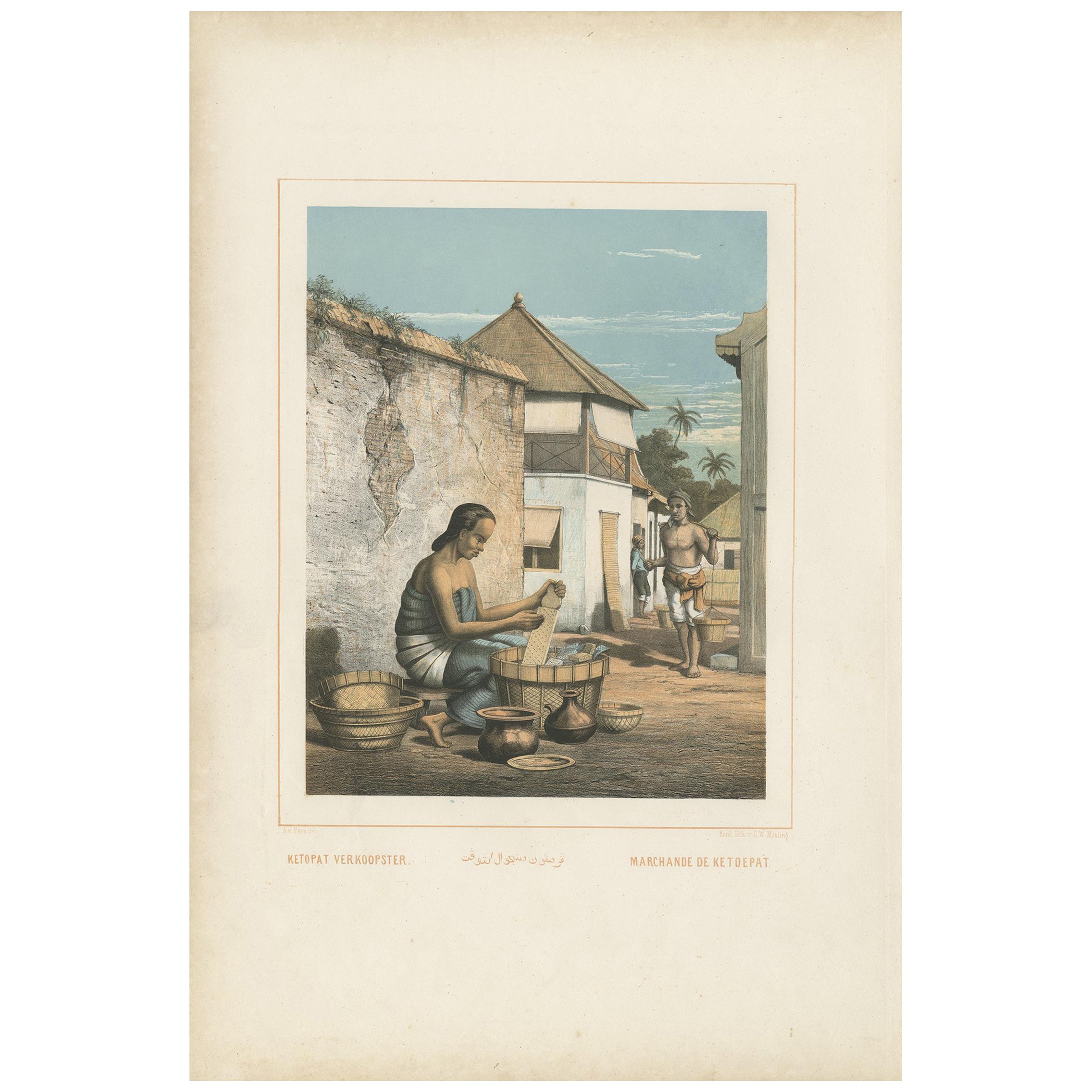 Antiker Druck einer javanischen Frau beim Verkauf von Ketupat von Van Pers 'um 1850'