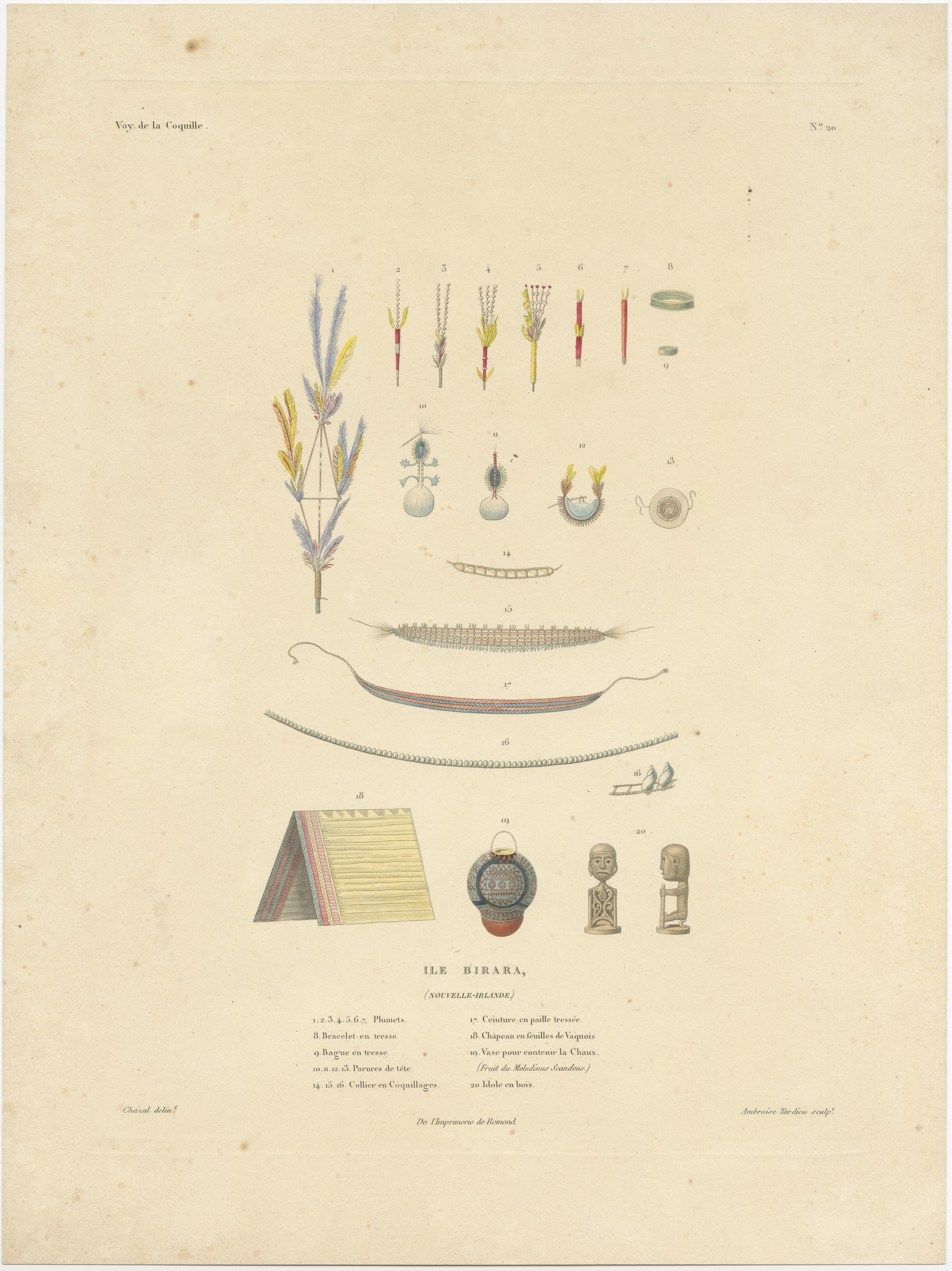 Antique print titled 'Ile Birara, Nouvelle-Irlande'. Jewellery, belts and other items from Birara Islands, New Ireland. Illustrated are a feather ornament, a ring, a bracelet, headdresses, a shell necklace, a plaited straw belt, a Vaquois-leaf hat,