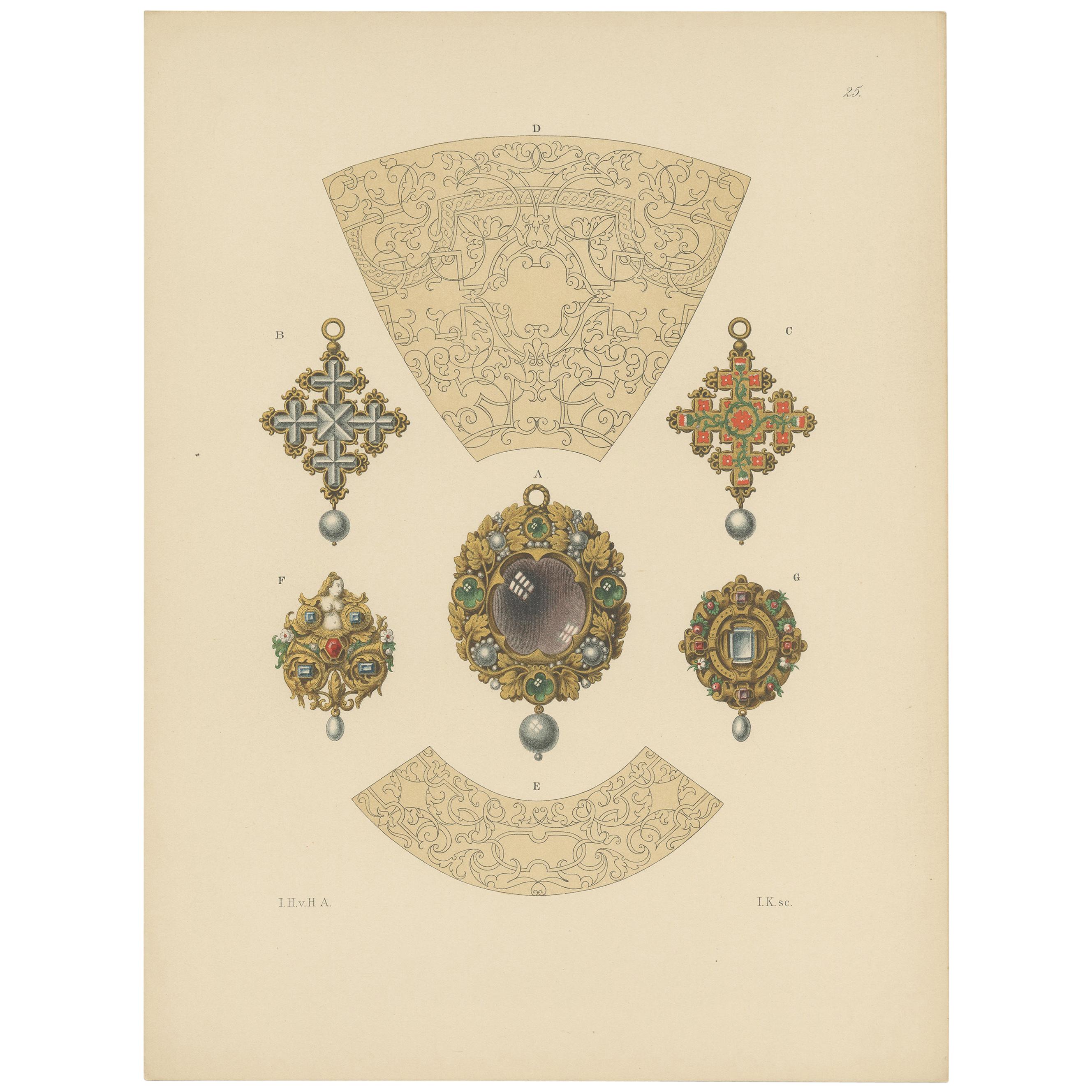 Antique Print of Jewelry Designs and Gold Pendants by Hefner-Alteneck, 1890 For Sale
