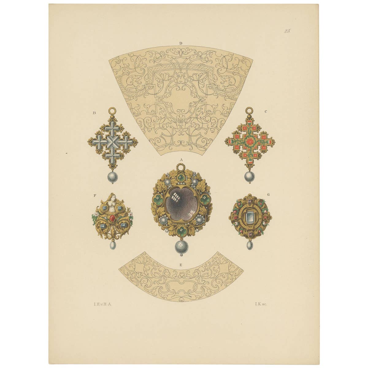 Antique Print of Jewelry Designs and Gold Pendants by Hefner-Alteneck, 1890
