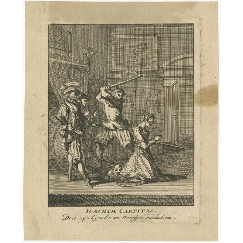 Antique print titled 'Joachim Carpitzo, Doet zyn Gemalin om Overspel onthalsen'. Engraving of Joachim von Carpzov and his wife's execution for alleged infidelity.

Artists and Engravers: Jan Luyken (1649-1712), Dutch engraver.

Condition: