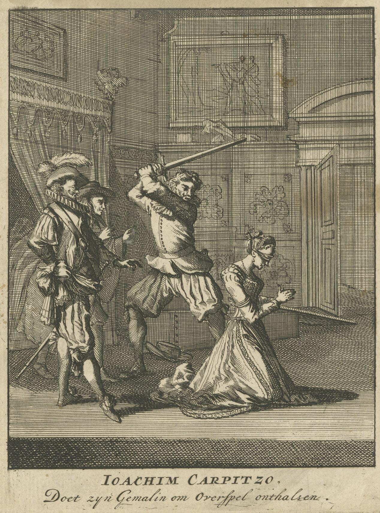 Paper Antique Print of Joachim Von Carpzov and His Wife's Execution, 'Decapitation'