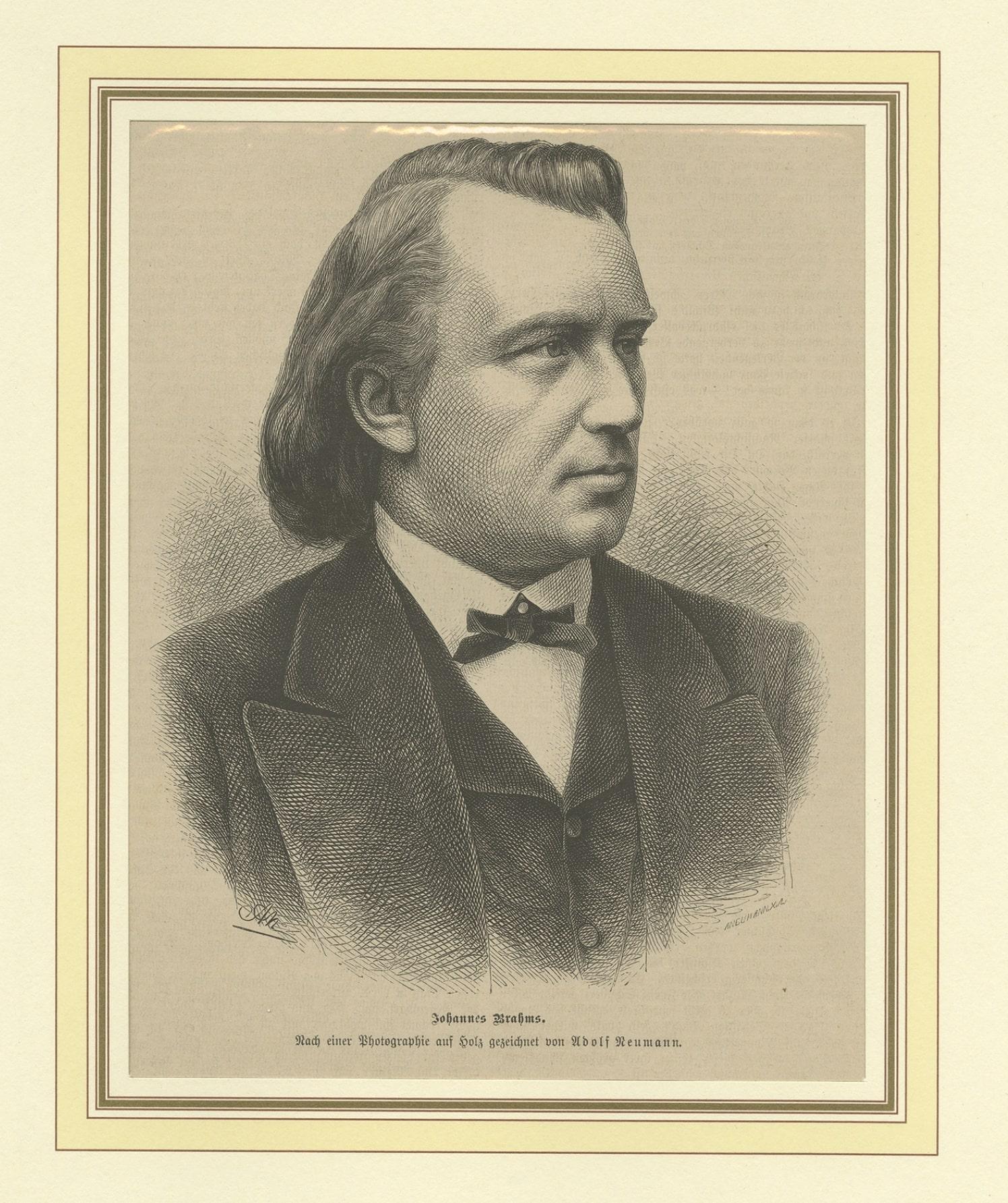 Antique print titled 'Johannes Brahms'. 

Portrait of Johannes Brahms. Johannes Brahms was a German composer, pianist, and conductor of the Romantic period.

Artists and Engravers: Anonymous.

Condition: Good, age-related toning. This print is