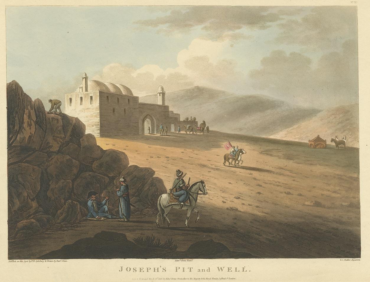 Antique aquatint titled 'Joseph's Pit and Well'. Beautiful view of Jubb Yussef (Joseph's Well) in Israel, identified with the pit in Dothan, into which the Biblical figure Joseph was cast into by his brothers, later to be sold to a caravan of