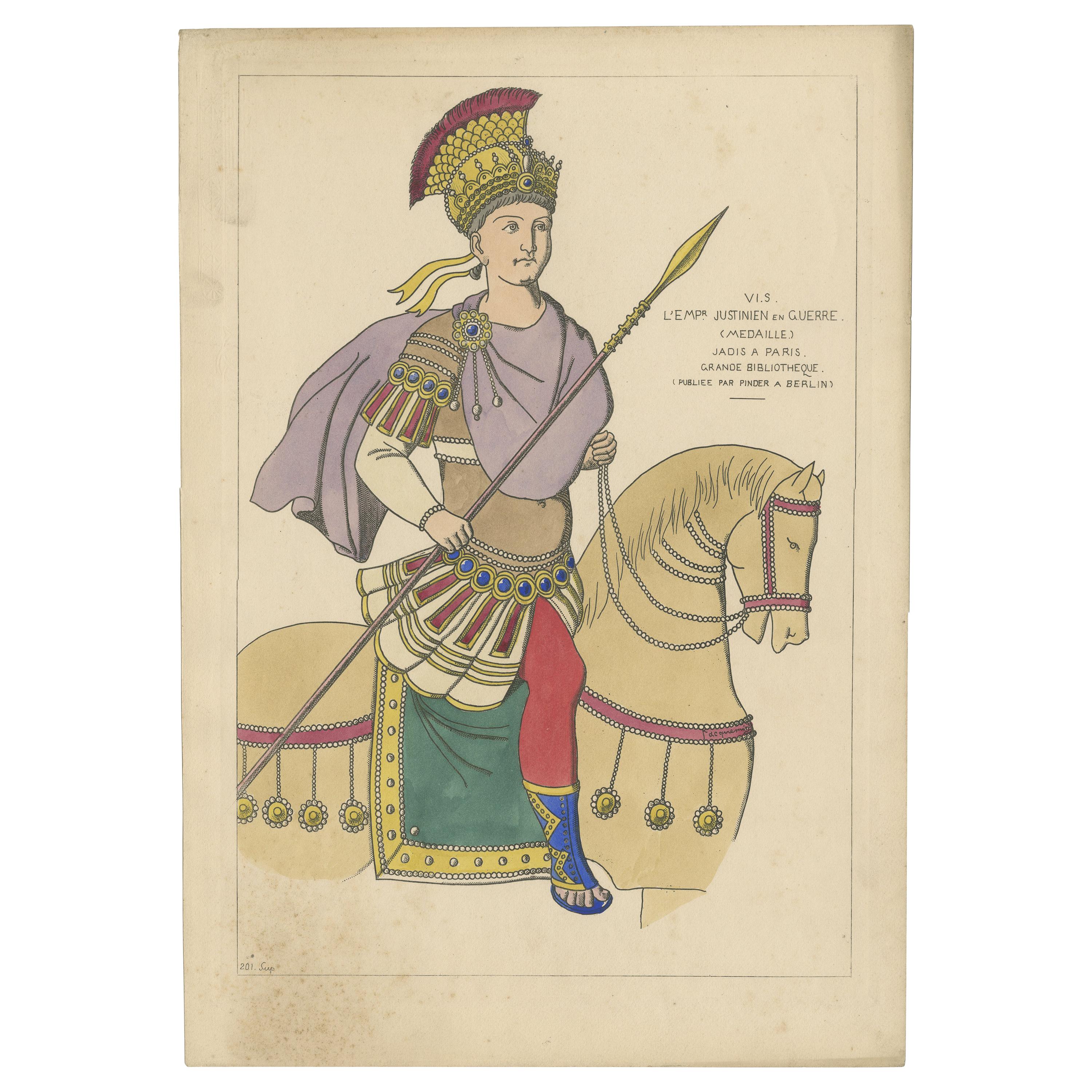 Antique Print of Justinian I by Jacquemin 'c.1870' For Sale