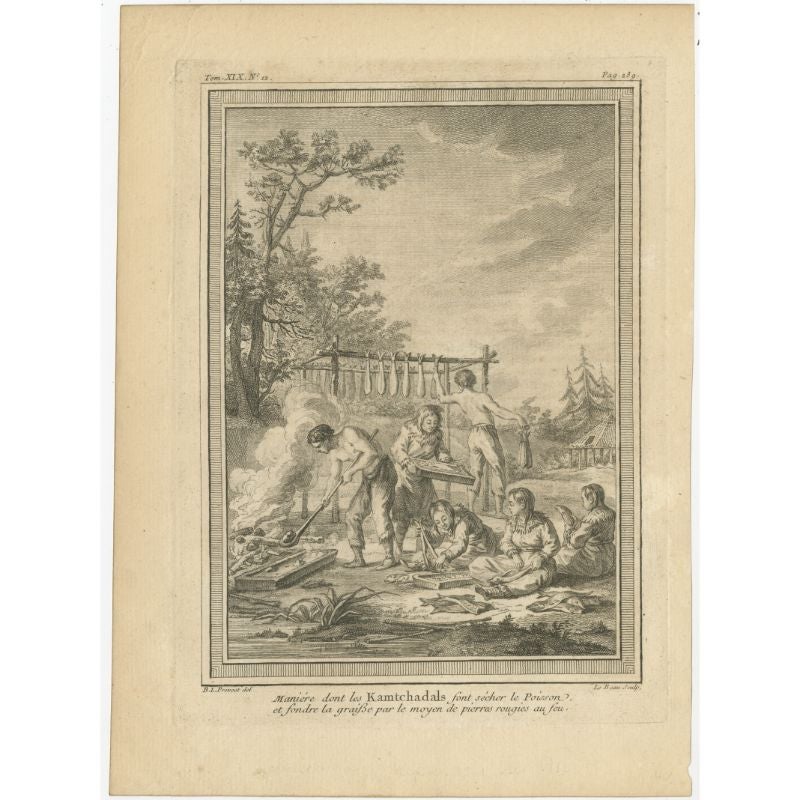 Grabado antiguo de la gente de Kamchadal preparando pescado en Rusia, 1770