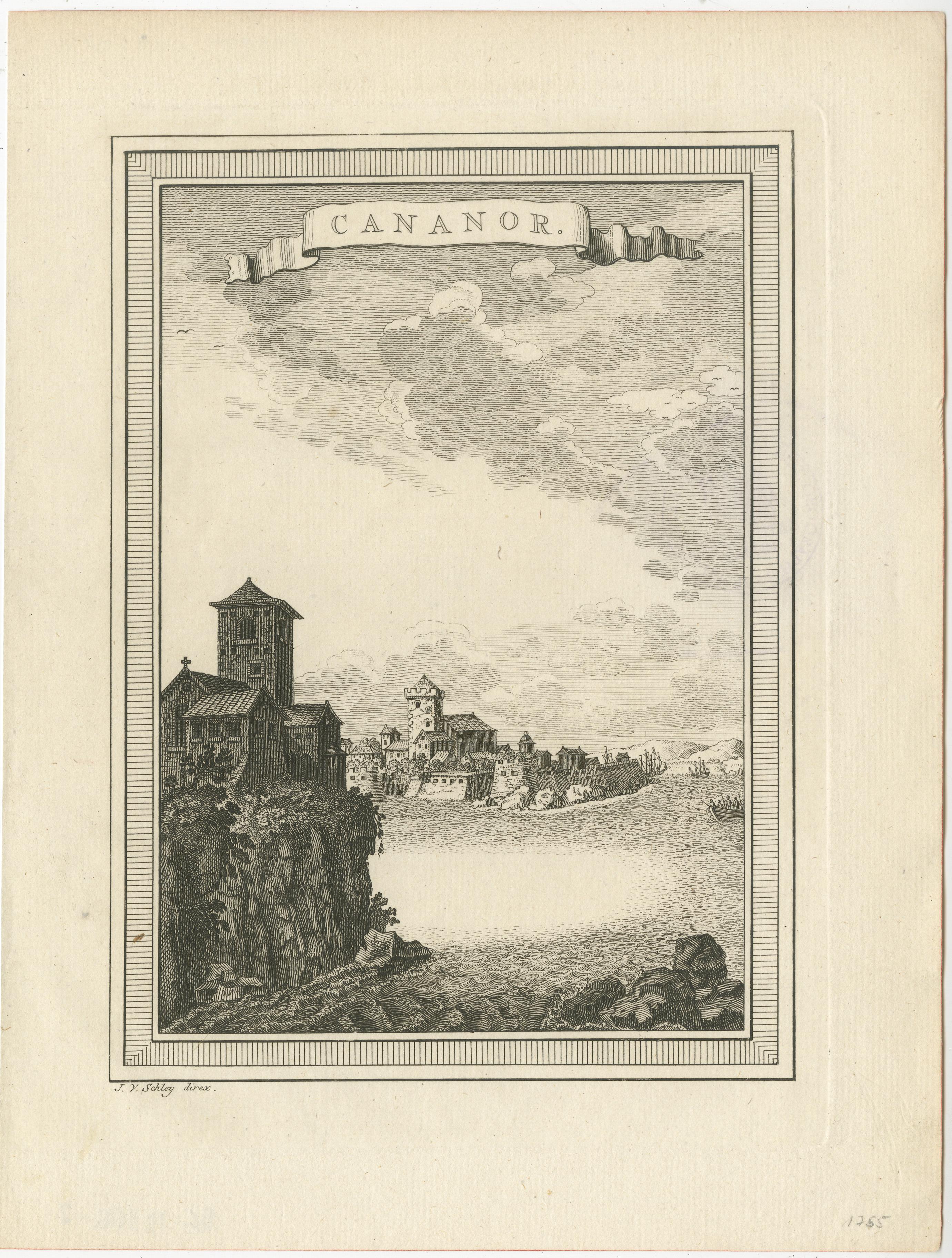 Antique print titled 'Cananor'. Original old print with a view of Kannur, Kerala, India. Formerly known in English as Cannanore. Originates from a Dutch edition of 'Histoire générale des voyages' by Antoine-François Prévost.

Engraved by J. van