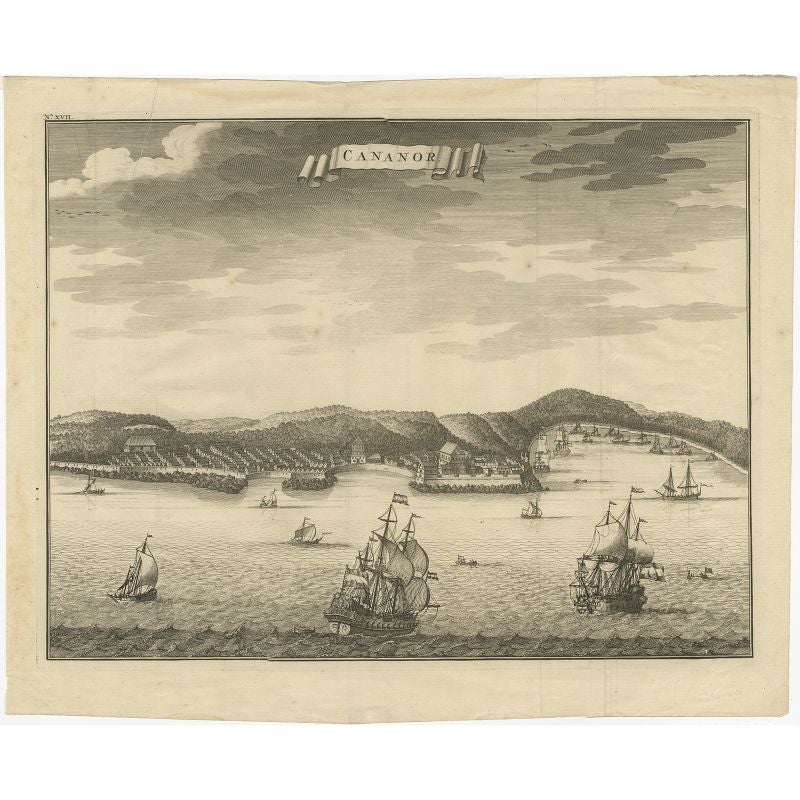 Antique print India titled: 'Cananor'. Old print of a view of Kannur (or Cannanore), Kerala, India. From the monumental 'Oud en Nieuw Oost-Indiën (..)' by François Valentyn / Valentijn, published in 1724-1726.

Artists and Engravers: The author