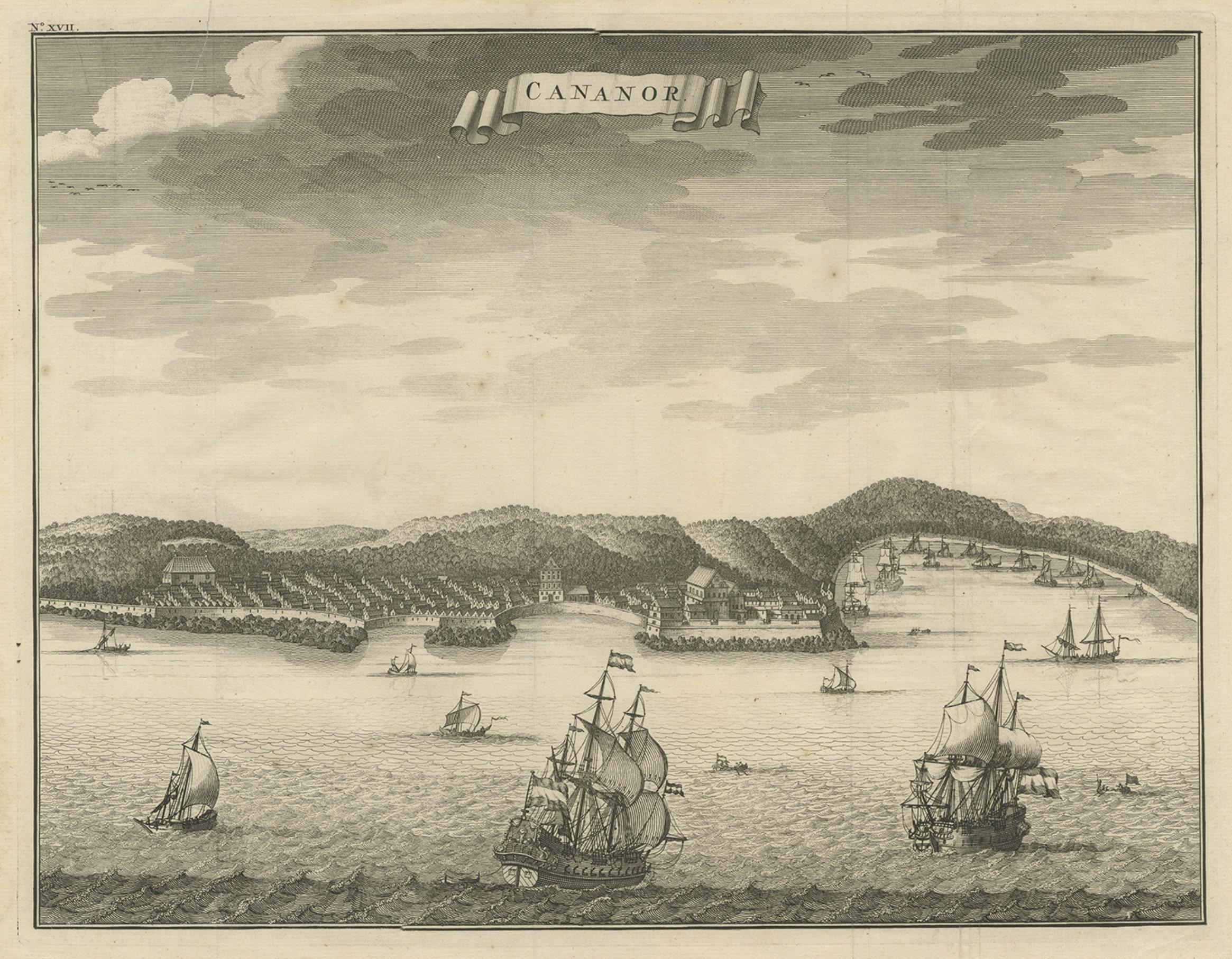 18th Century and Earlier Antique Print of Kannur or Cananore with Ships, in Kerala, India, 1726 For Sale