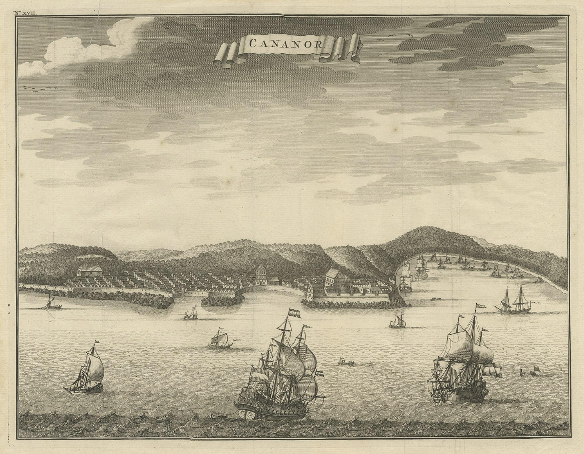 Carta Stampa antica di Kannur o Cananore con navi, Kerala, India, 1726 in vendita