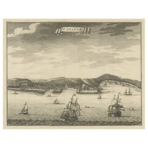 Antique Print of Kannur or Cananore with Ships, in Kerala, India, 1726