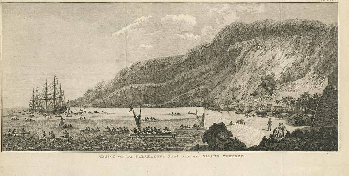 Antique Print of Karakakooa Bay by Cook, 1803