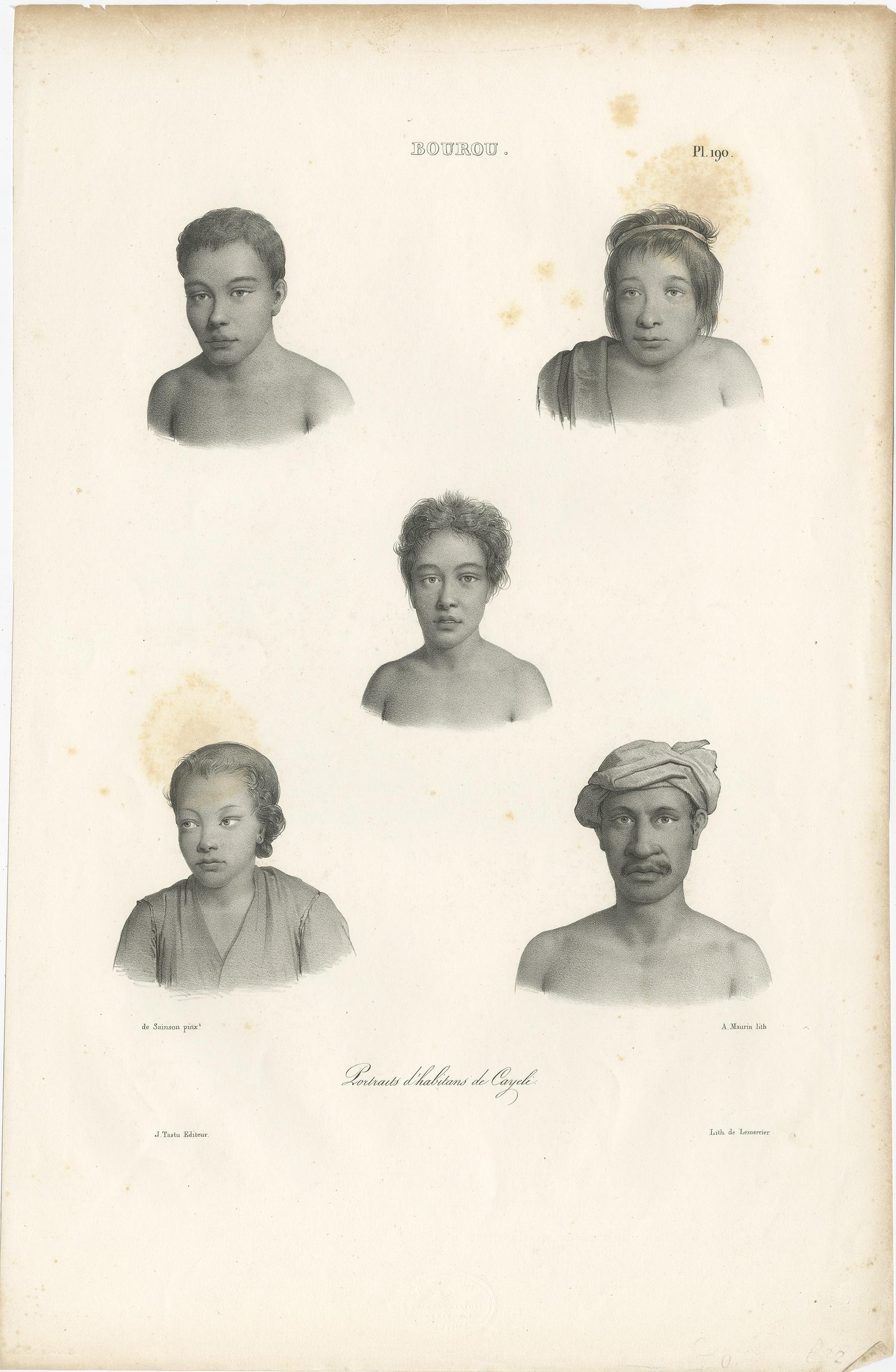 Antique print titled 'Portraits d'Habitans de Cayeli'. Original old lithograph of Kayeli people, an ethnic group mainly living on the southern coast of the Kayeli Gulf of Indonesian island Buru, mainly from the Kaiely Gulf. From an ethnographic