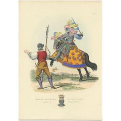 Grabado antiguo del rey Enrique, caballero a caballo, y un Billman, 1842