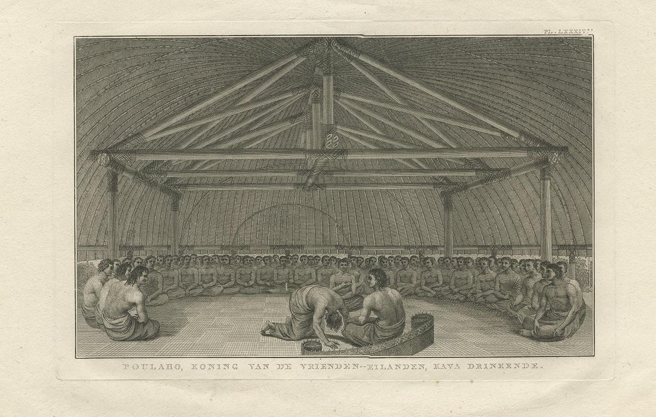 Antique print titled 'Poulaho, Koning van de Vrienden-Eilanden, Kava drinkende'. This print depicts King Poulaho drinking Cava, Friendly Islands or nowadays Hawaii. Originates from 'Reizen rondom de Waereld' by J. Cook.